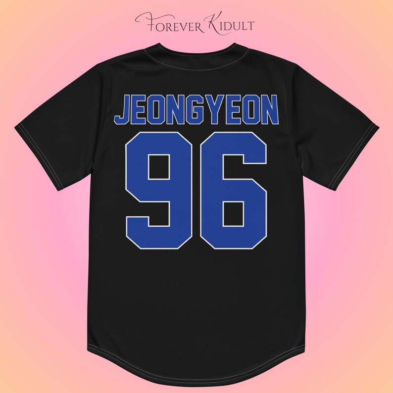 May include: Black baseball jersey featuring the name "JEONGYEON" and the number "96" in blue with a white outline. The jersey has short sleeves and a rounded hem. The text "Forever Kidult" is in the upper left corner.