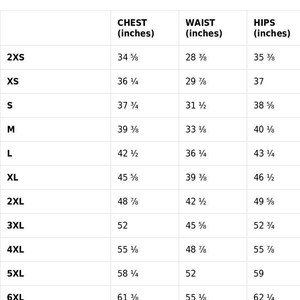 May include: A size guide table with measurements in inches for chest, waist, and hips. Sizes range from 2XS to 6XL, with chest measurements from 87.9 cm to 155.9 cm.