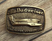 Miss Budweiser Belt Buckle Unlimited Hydroplane Bud Beer Brass Vintage