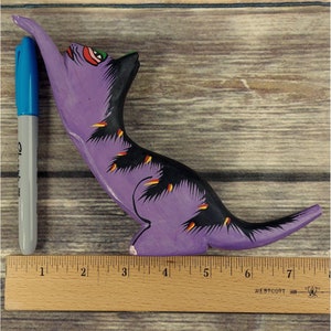 Folk Art Cat Sculpture Wood Painted Purple Signed OOAK Stretching Whimsical