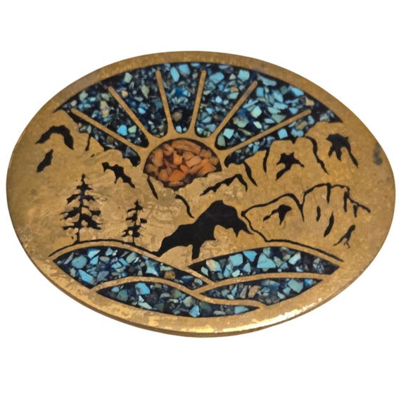 Mountain Sunset Belt Buckle Vintage Sunrise Brass Colorado Turquoise Coral Chip