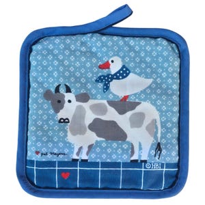 May include: A blue and white square pot holder featuring a cow and duck illustration. The cow is depicted in grey and white, while the duck wears a blue scarf. The pot holder has a blue border and a hanging loop.