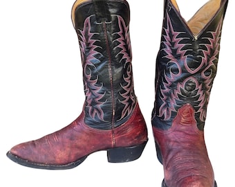 Nocona Cowboy Boots Mens 11 D Distressed Burgundy Red Black Leather Vintage