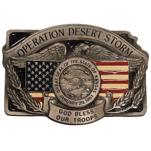 Operation Desert Storm Belt Buckle Kansas Commemorative Patriotic Flag KS