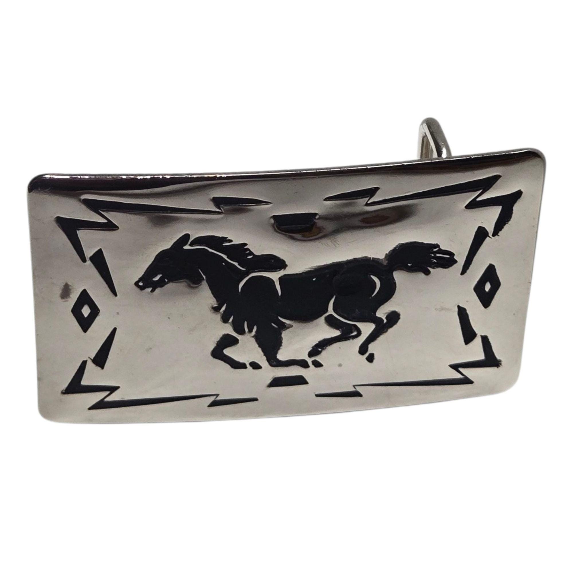CHAMBERS tooled leather belt  Silvertone buckle w horse head motif Handsome Original Con-trad Vintage Tooled Black Leather  main image 3