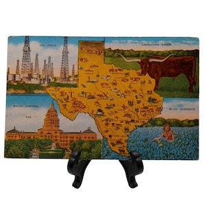 Peut inclure: Une carte postale vintage représentant une carte du Texas avec divers monuments et symboles. Le coin supérieur gauche montre des derricks pétroliers, le coin supérieur droit montre un taureau longhorn, le coin inférieur gauche montre le Capitole de l'État du Texas et le coin inférieur droit montre un champ de bluebonnets avec une femme cueillant des fleurs.