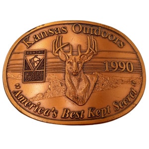 Kansas Outdoors Cinturón Hebilla Vintage 1990 Ciervos Vida Silvestre Y Parques Búfalo