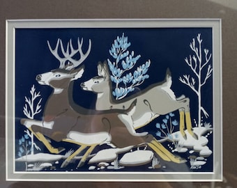 Deer Frolic Print Framed Wall Art Blue Percy Sandy Kai Sa Wildlife Antlers Outdoors