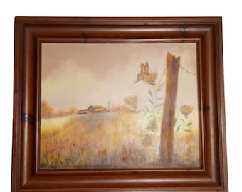 Butterfly Farm Scene Painting Windmill Barn Farmhouse Wood Frame READ