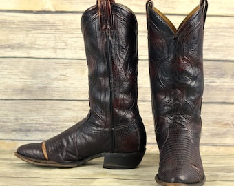 Tony Lama Cowboy Boots Oxblood Leather Lizard Exotic Mens Size 9 D Distressed