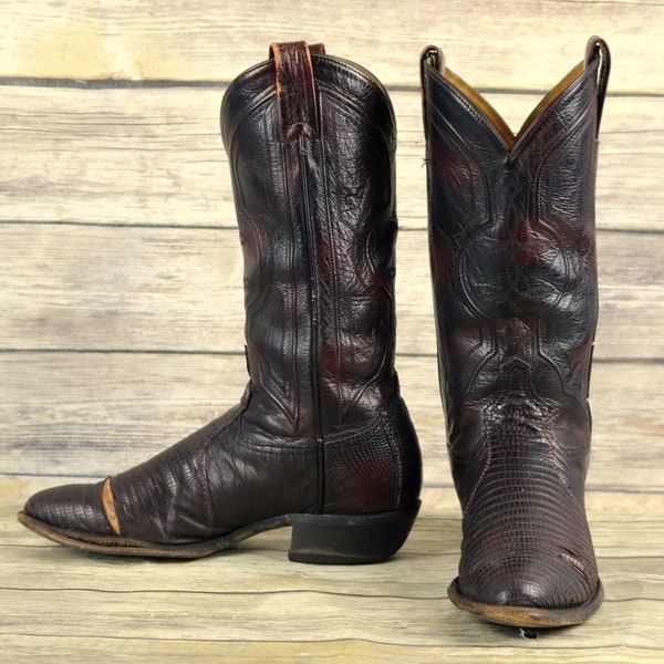 Tony Lama Cowboy Boots Oxblood Leather Lizard Exotic Mens Size 9 D Distressed