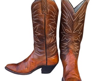 Vintage Womens Cowboy Boots Brown Eel Leather Ladies Size 6.5 C Wide Western