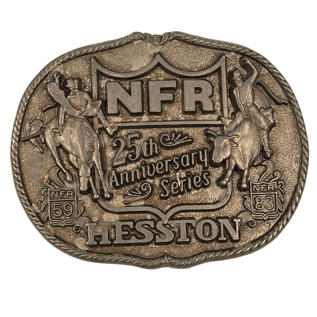 Fibbia Cintura Vintage Hesston NFR Finali Nazionali Rodeo, 1983-1989, Peltro, USA