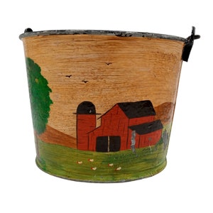 Red Barn Chickens Primitive Folk Art Painted Metal Bucket Vintage Farm Scene
