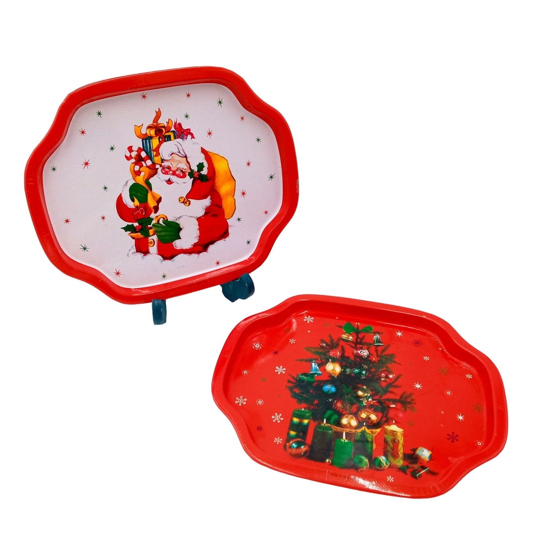 Vintage Christmas Trays Set 2 Santa Tree Decorative Small Etsy