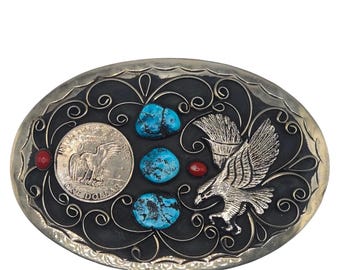 Extra Large Eagle Belt Buckle Turquoise Coral Dollar Coin 6 Inch Western Wear
