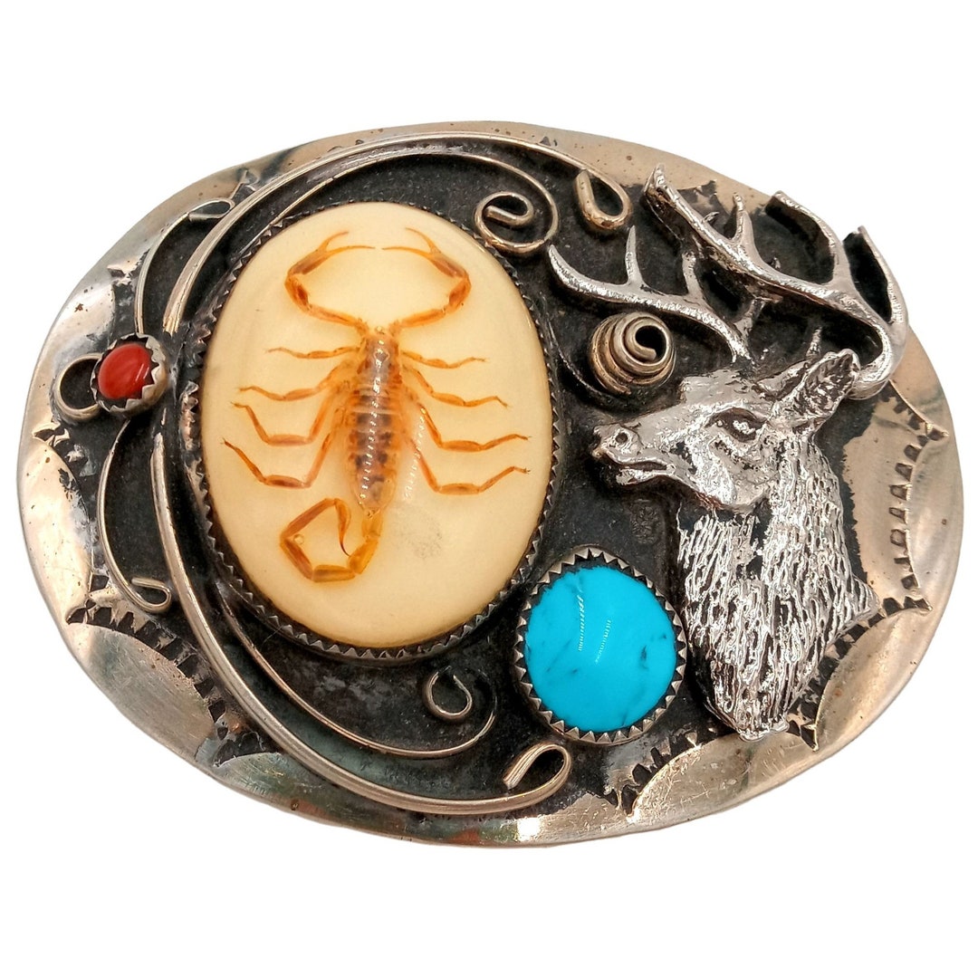 Scorpion Deer Belt Buckle Turquoise Coral Elk Cowboy Native American Country Scorpion Deer Belt Buckle Turquoise Coral Elk Cowboy Native  main image 2