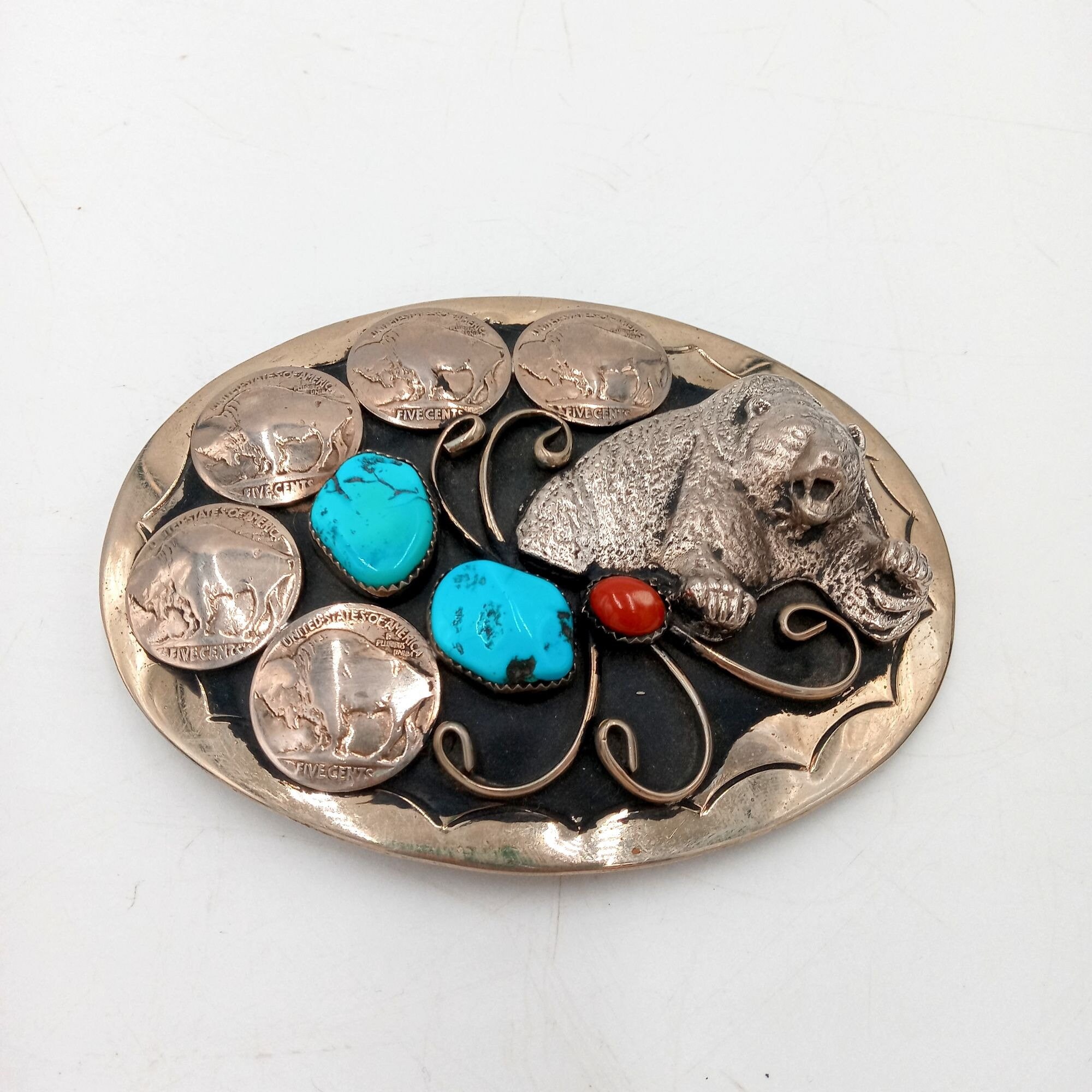 Grizzly Bear Buffalo Nickels Belt Buckle Turquoise Coral  display picture 3