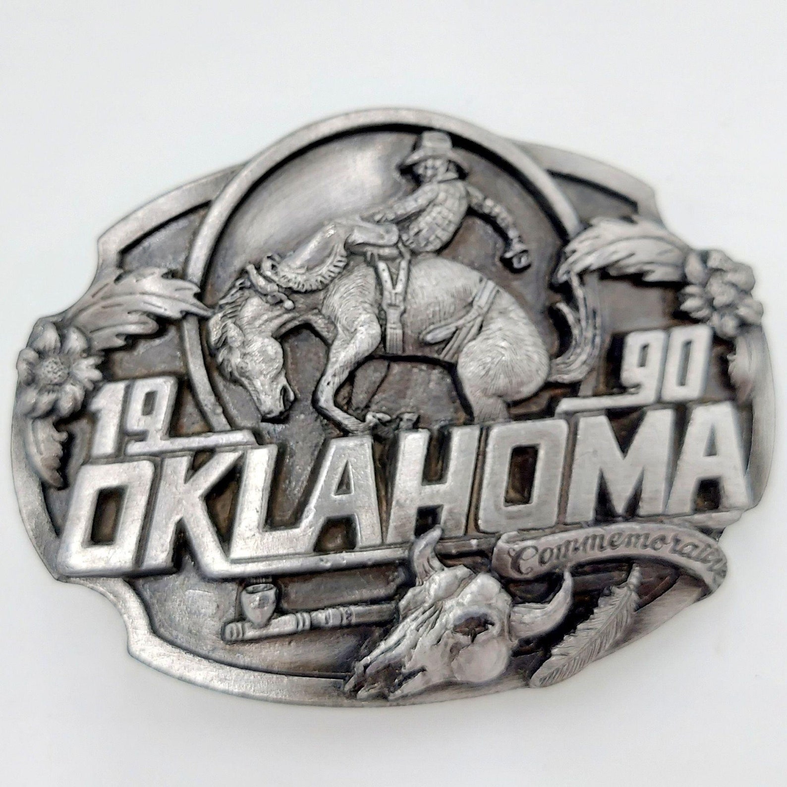 Oklahoma Belt Buckle 1990 Commemorative Cowboy Bucking Horse Etsy
