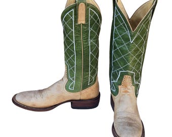 Rod Patrick Cowboy Boots 7 AA VERY Narrow Green Beige Leather Western Wear