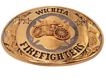 Wichita Firefighters Belt Buckle 24K Gold Plate Kansas Fireman First Responders Vintage