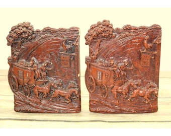 Western Horse Bookends Syroco Wood Rooster Stagecoach Ye Old Inn Chicken