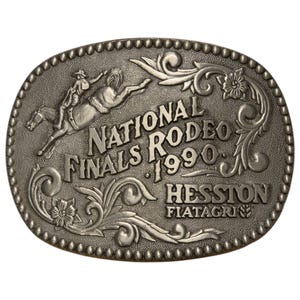 1990 NFR Rodeo Belt Buckle Bronc Rider Cowboy Vintage Hesston National Finals