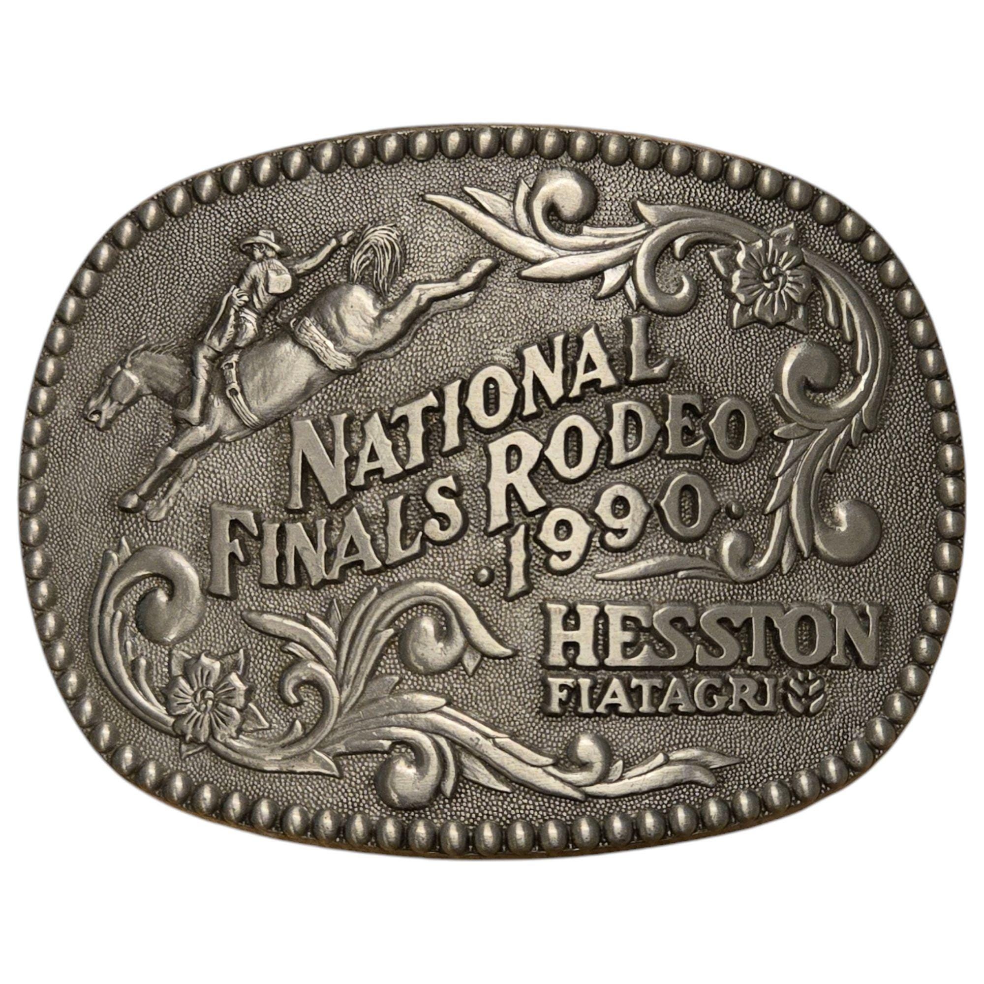 1990 NFR Rodeo Belt Buckle Bronc Rider Cowboy Vintage Hesston