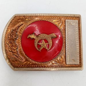 Vintage Shriners Belt Buckle Jewel of the Order Star Sword Red Gold Collectible