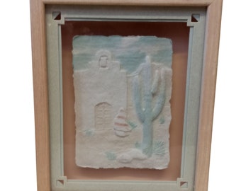 Vintage Southwest Cactus Wall Art Paper Mache Cast Framed Sculpture 1980s Pastel