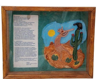 Kokopelli Cactus Ceramic Art Sculpture Shadowbox Signed OOAK Carved Painted