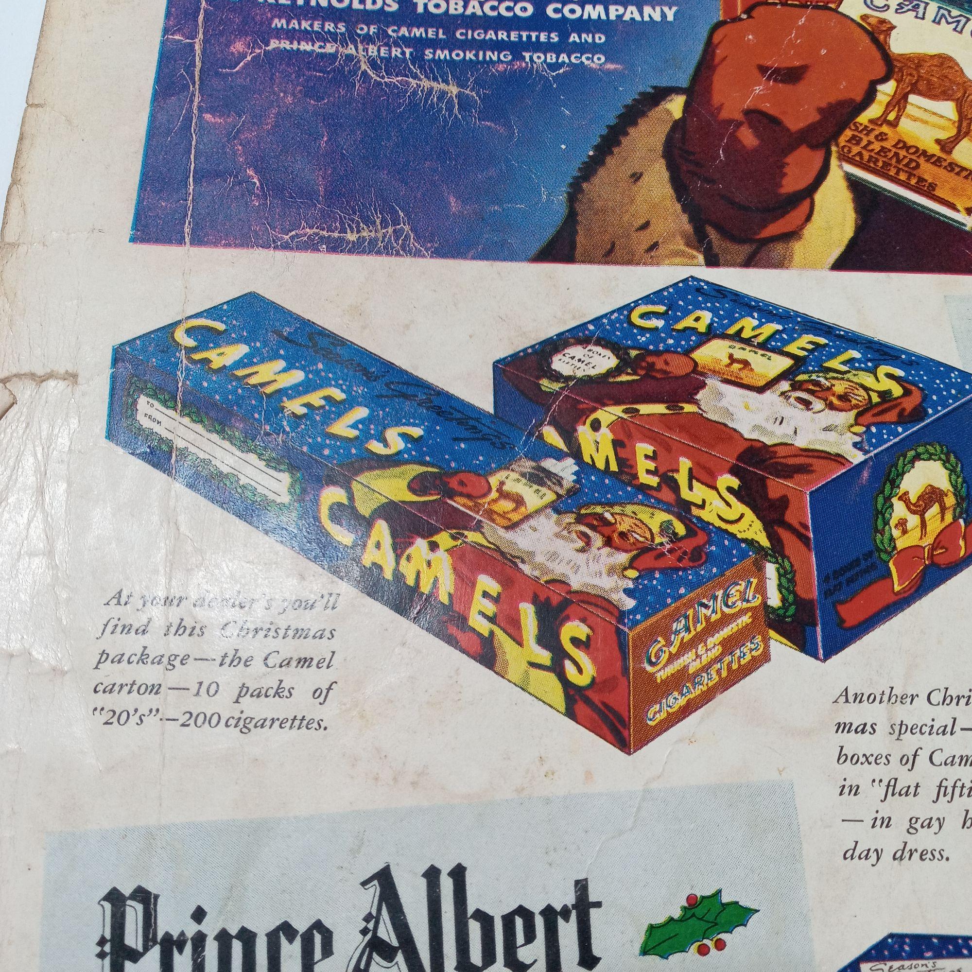 1936 Christmas Camel Cigarettes Santa Claus Prince Albert Vintage Magazine  Ad Distressed