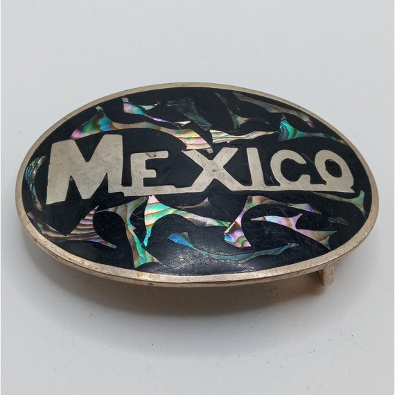 Vintage Mexico Belt Buckle Abalone Shell Western … - image 4