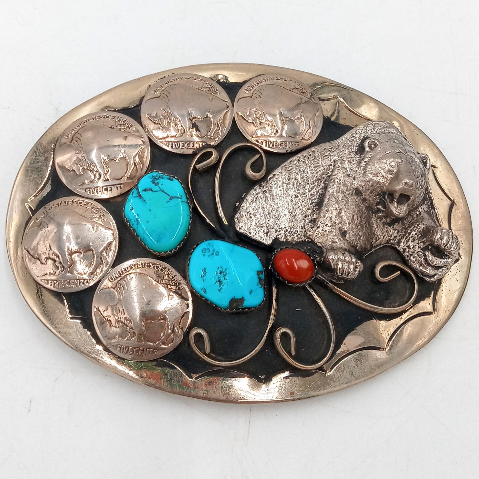 Grizzly Bear Buffalo Nickels Belt Buckle Turquoise Coral 