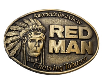 Red Man Belt Buckle Chewing Tobacco Indian Native American Vintage Brass Chew 1988