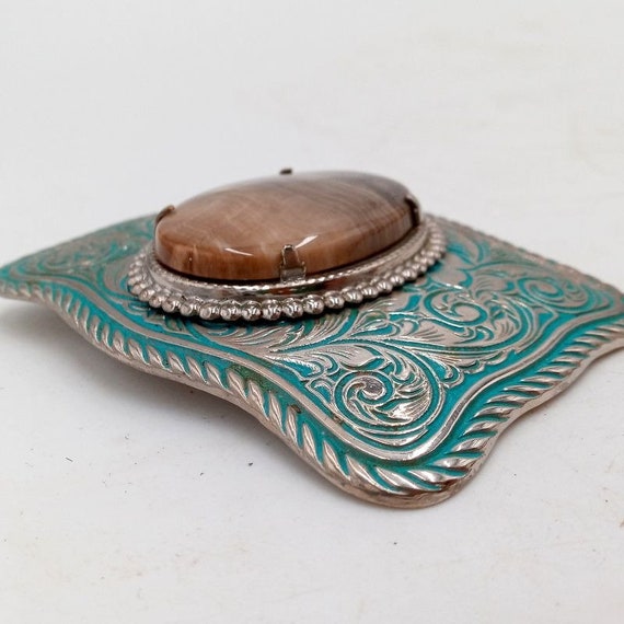 Brown Tan Stone Belt Buckle Vintage Turquoise Cou… - image 7