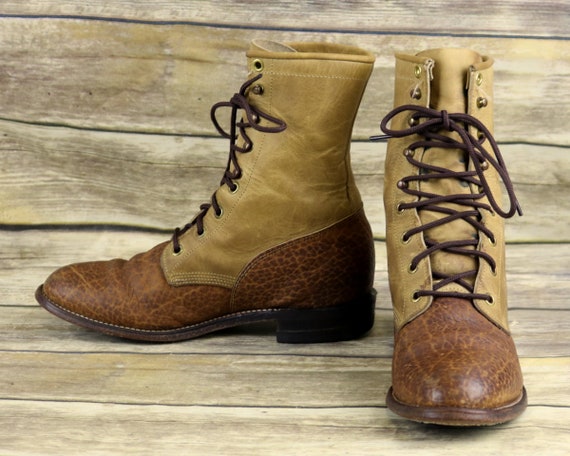 Justin Cowboy Boots Brown Leather Mens Size 6 D Lace Up Ropers Two Tone Lacers Justin Cowboy Boots Brown Leather Mens Size 6 D Lace Up Ropers Two Tone Lacers