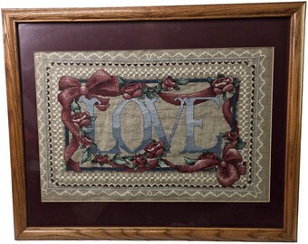 Vintage Love Framed Cross Stitch Art Wall Decor 1990s Country Victorian