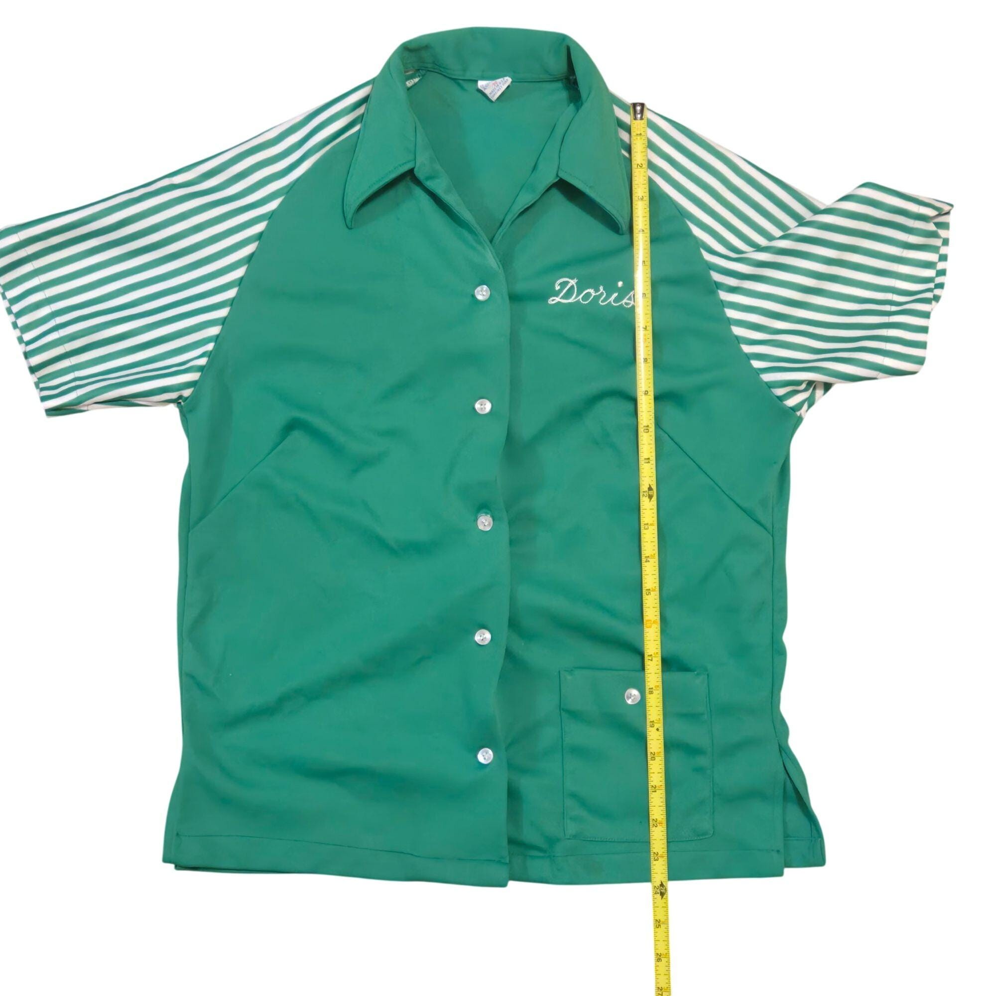 Hilton Vintage Bowling Shirt Green Striped Chainstitch Embroidered