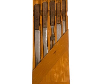 Vintage Real Keen Stainless Steel Knife Set AS READ Wood Holder Made in USA