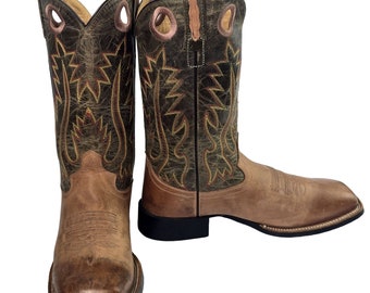 Old West Cowboy Boots Green Tan Mens 8 D Country Western Wear