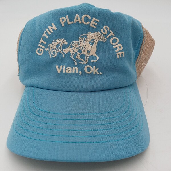 Vian Oklahoma Mesh Snapback Cap Gittin Place Store Trucker Hat 1980s Dad Cap Blue White