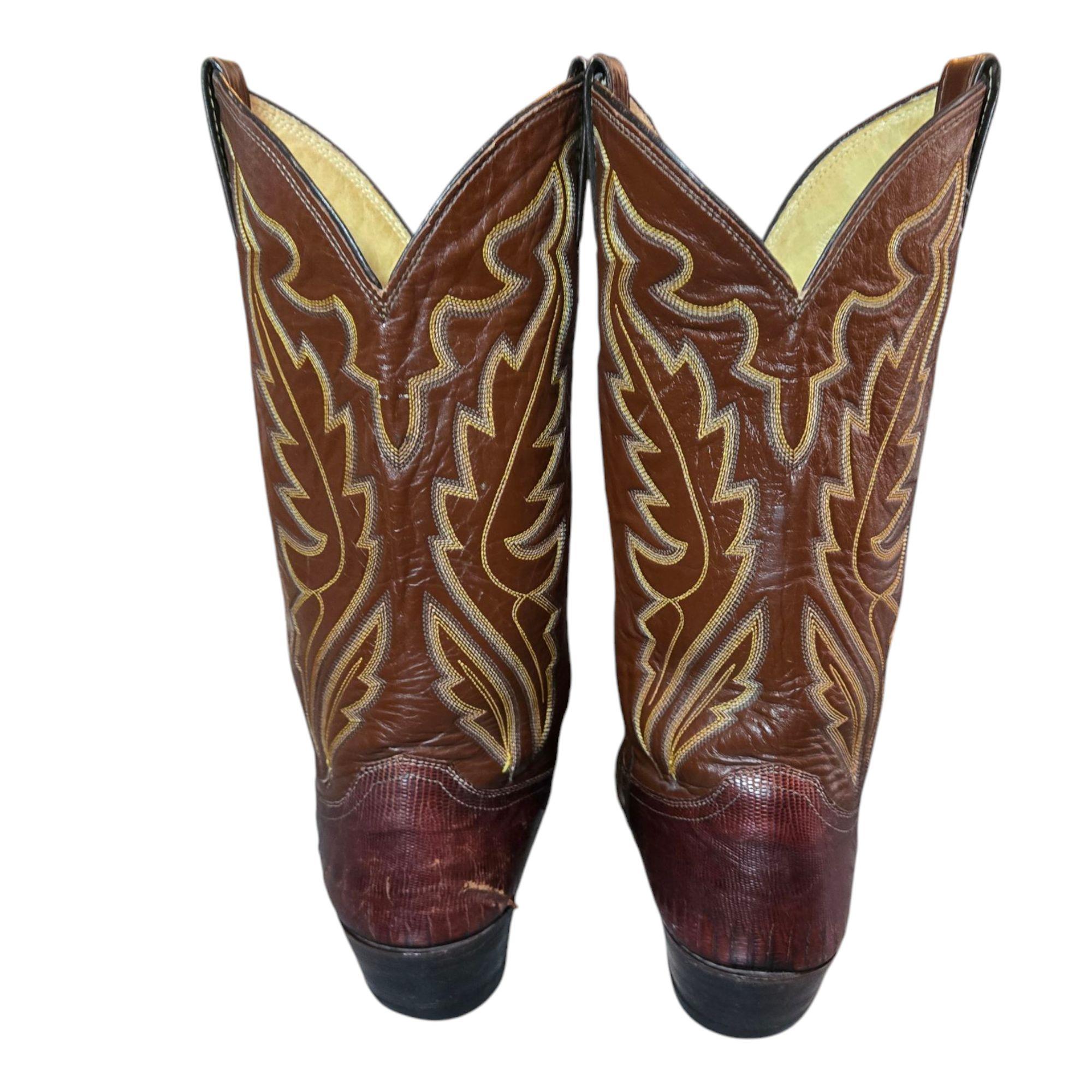 Bottes Cowboy Justin Vintage - Cuir Lézard Marron/rouge - Fermeture éclair - Pointure 10D US Homme - Occasion