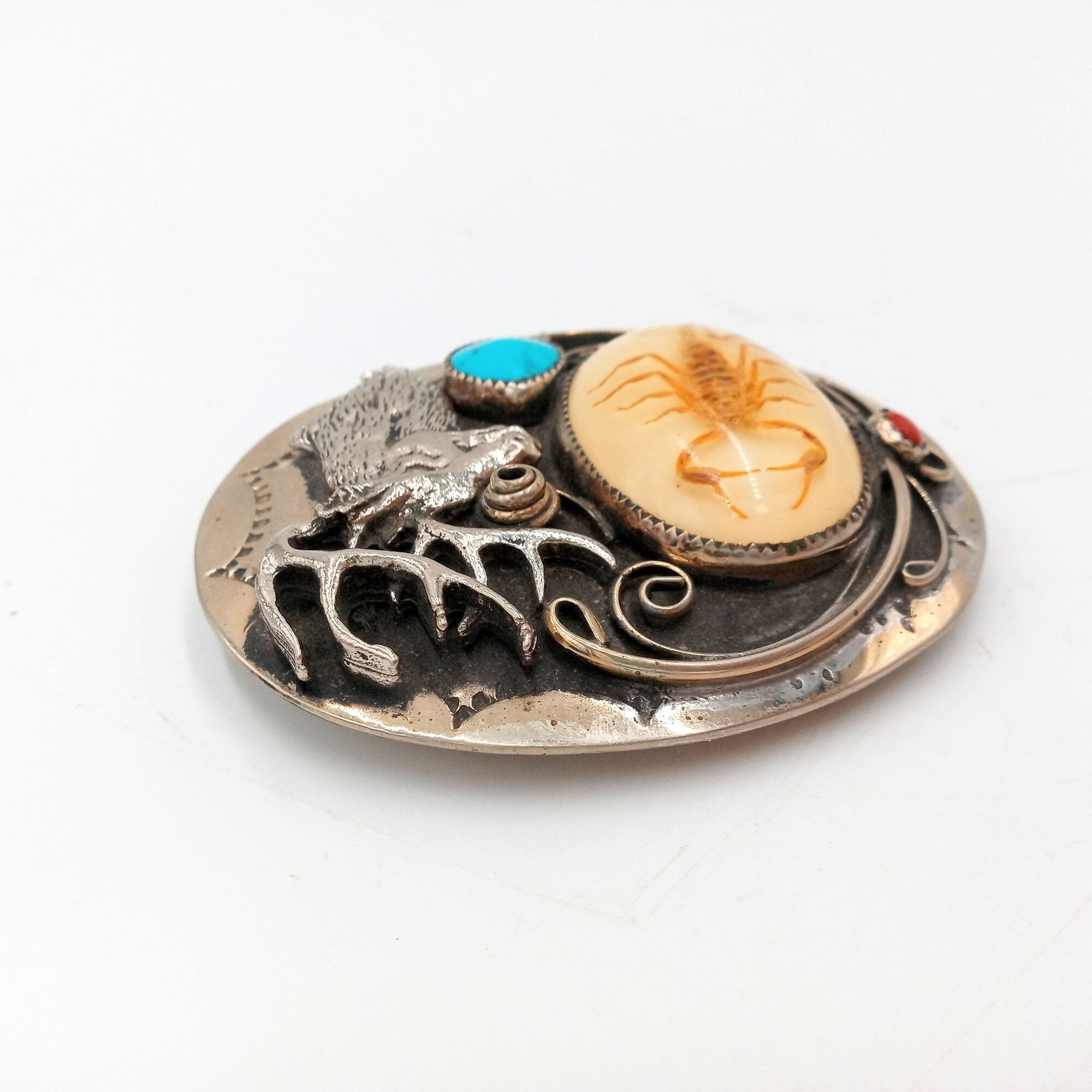 Scorpion Deer Belt Buckle Turquoise Coral Elk Cowboy Native  display picture 3