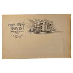 Receta de efímeras de Austin, Texas, con membrete del condado de Travis, del secretario del distrito de Austin, Texas