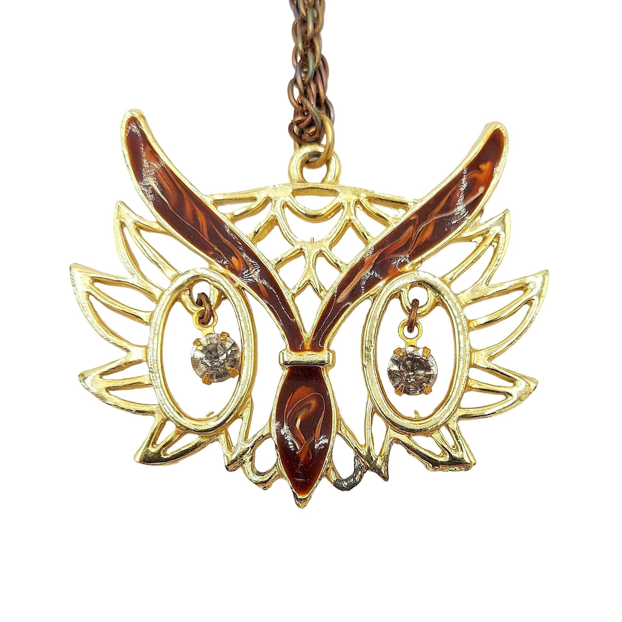 Vintage Owl Necklace Gold Tone Rhinestone Dangle Eyes Retro Jewelry