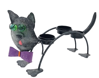Metal Black Cat Bobblehead Tealight Candle Holder Halloween Folk Art Style Purple Bowtie