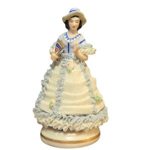 Irish Dresden Porcelain Figurine Victorian Lady Holding Fan Lace Dress Blue White
