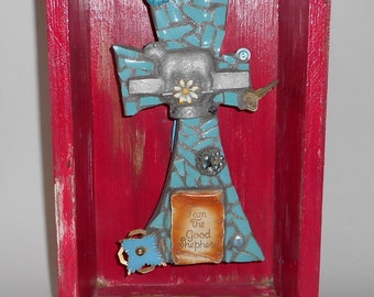 Inspirational Folk Art Cross Mixed Media Assemblage Pink Turquoise Blue Found Objects