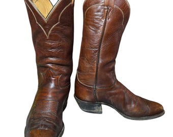 Tony Lama Cowboy Boots Brown Leather Mens 8.5 D Western Rockabilly READ